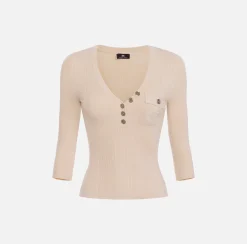 Maglieria E Felpe|Elisabetta Franchi Maglia scollo a V in lyocell e seta a costine con ricamo logo Lattice