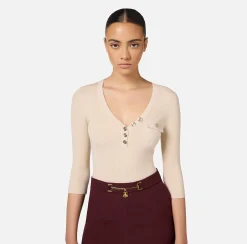 Maglieria E Felpe|Elisabetta Franchi Maglia scollo a V in lyocell e seta a costine con ricamo logo Lattice