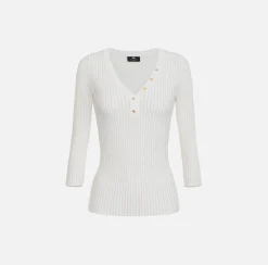 Maglieria E Felpe|Elisabetta Franchi Maglia scollo a V in viscosa e lurex a costine Avorio