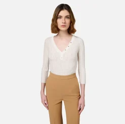 Maglieria E Felpe|Elisabetta Franchi Maglia scollo a V in viscosa e lurex a costine Avorio