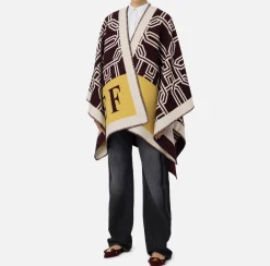 Capispalla|Elisabetta Franchi Mantella in lana jacquard con lettering RougeNoir/Mimosa