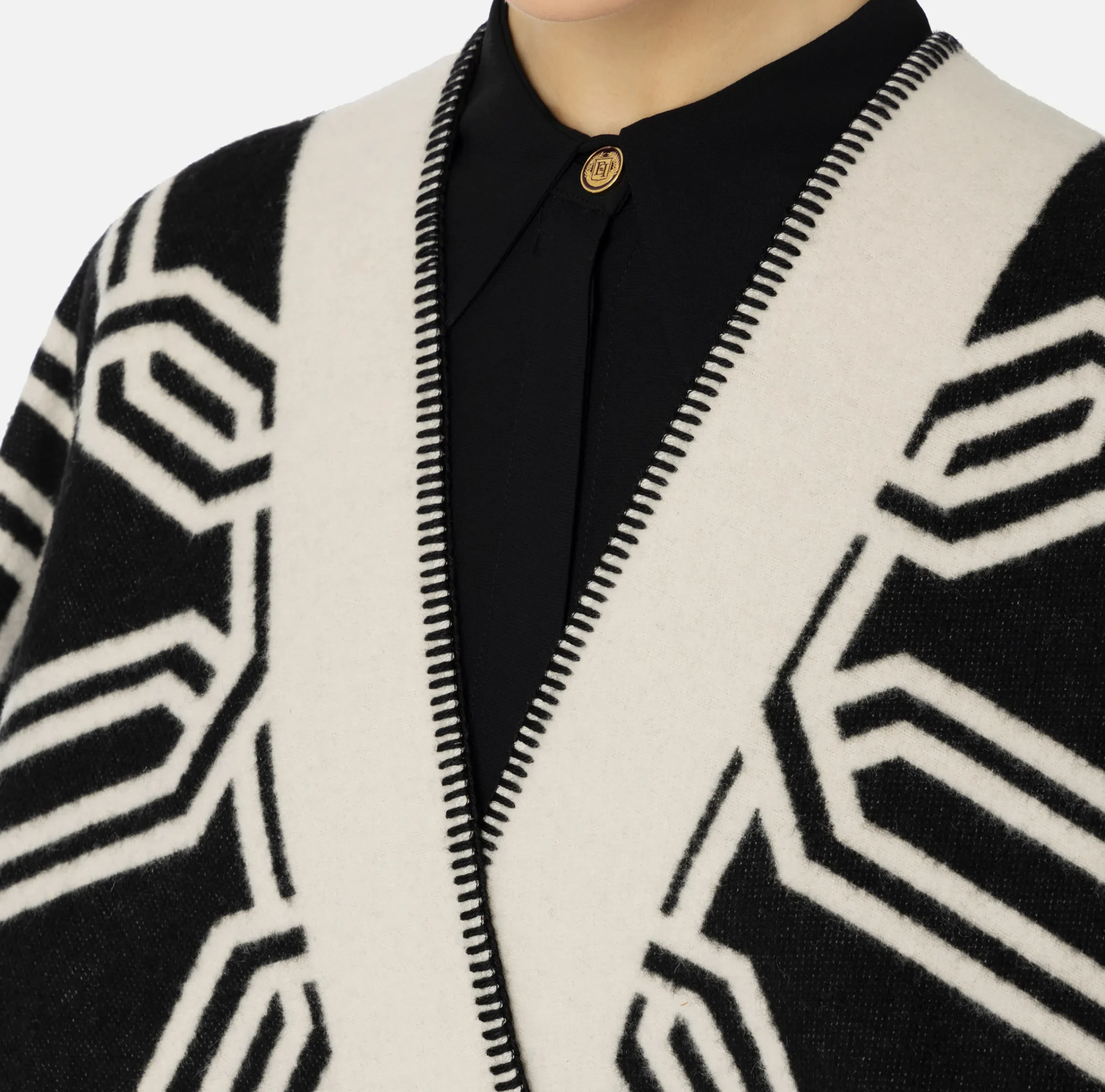 Capispalla|Elisabetta Franchi Mantella in lana jacquard con lettering Camel/Nero