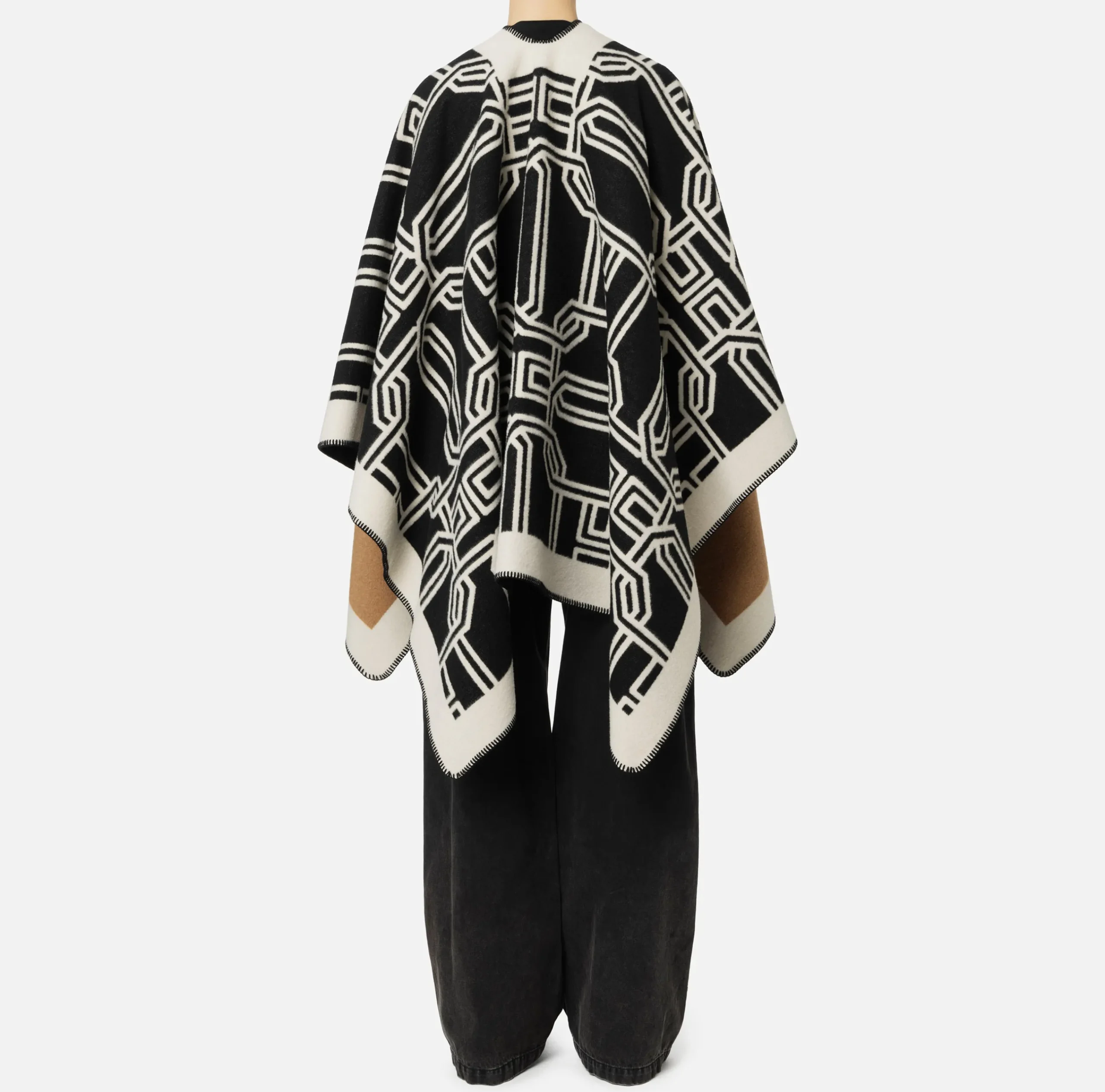 Capispalla|Elisabetta Franchi Mantella in lana jacquard con lettering Camel/Nero