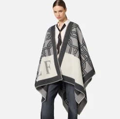 Capispalla|Elisabetta Franchi Mantella in lana jacquard con lettering Perla/Steel