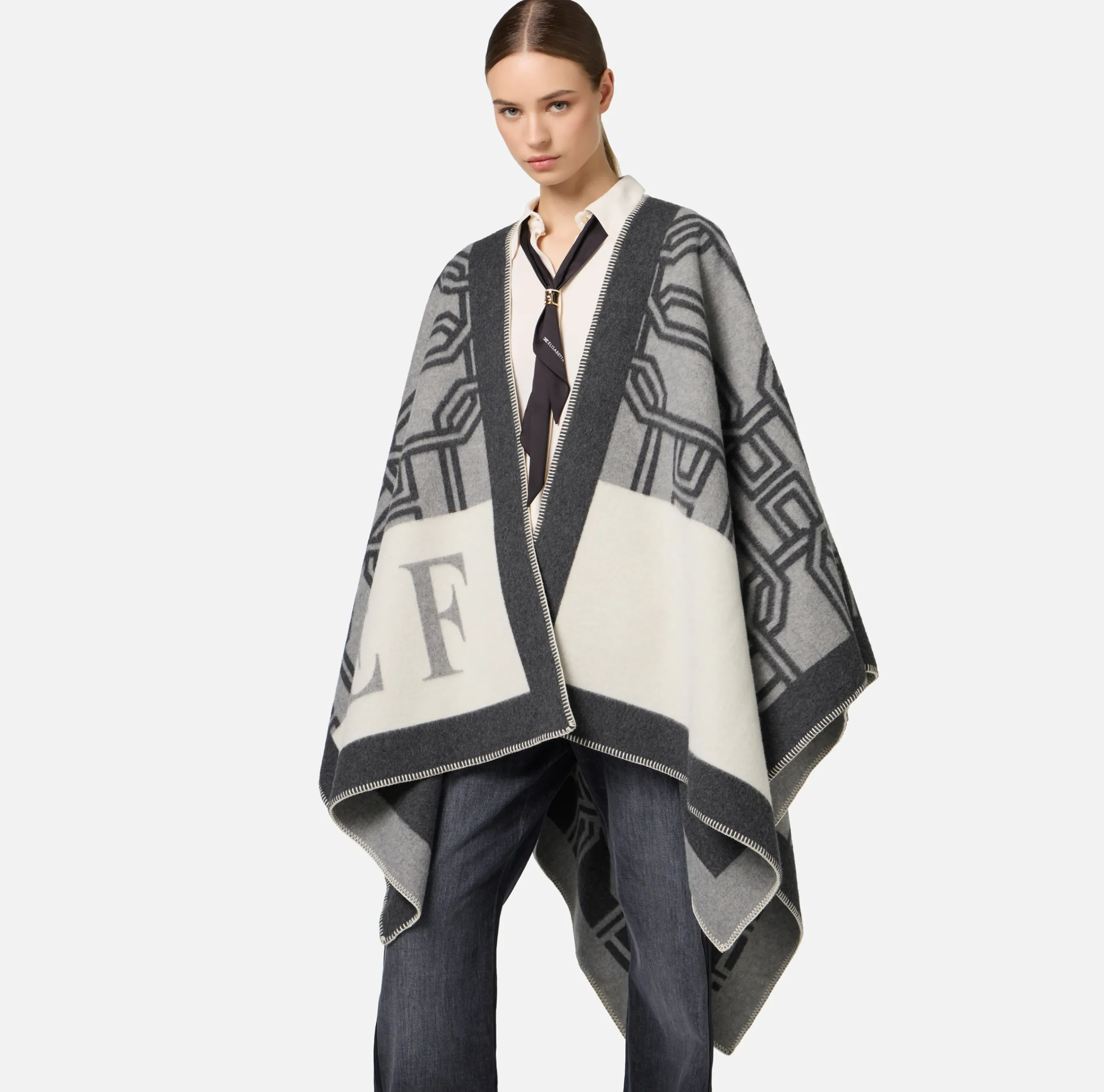 Capispalla|Elisabetta Franchi Mantella in lana jacquard con lettering Perla/Steel