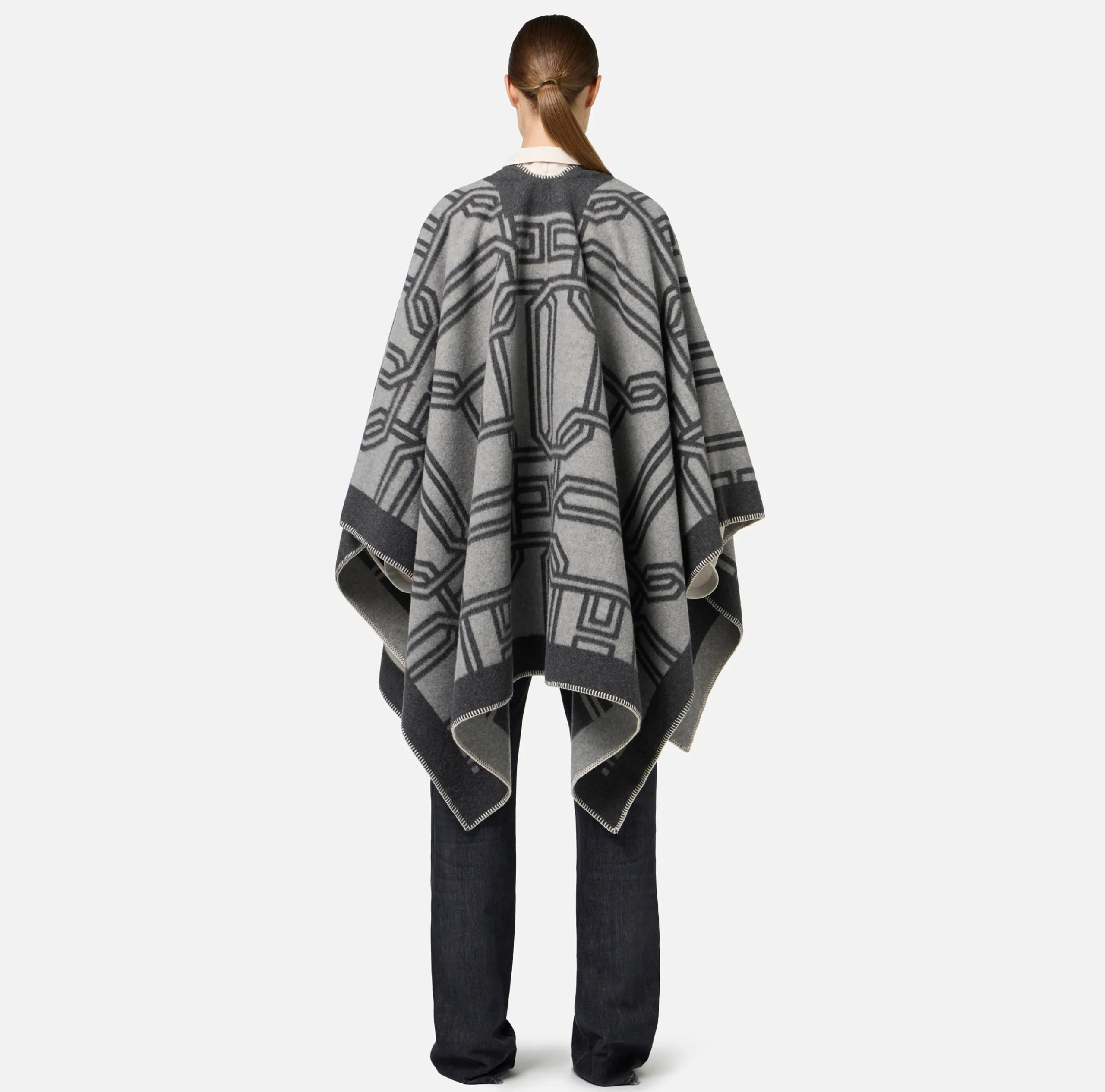 Capispalla|Elisabetta Franchi Mantella in lana jacquard con lettering Perla/Steel