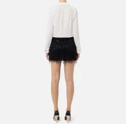 Abiti Red Carpet|Mini Abiti|Elisabetta Franchi Miniabito a camicia con gonna ricamata in paillettes Avorio/Nero