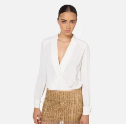 Abiti Red Carpet|Mini Abiti|Elisabetta Franchi Miniabito a camicia con gonna ricamata in paillettes Avorio/Gold