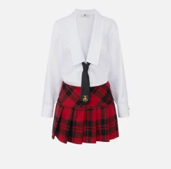 Mini Abiti|Abiti|Elisabetta Franchi Miniabito a camicia in popeline e gonna in tartan Bianco/RedPassion-Nero
