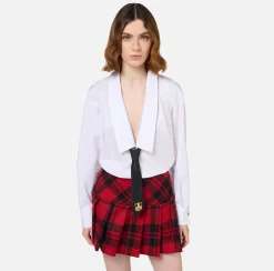 Mini Abiti|Abiti|Elisabetta Franchi Miniabito a camicia in popeline e gonna in tartan Bianco/RedPassion-Nero