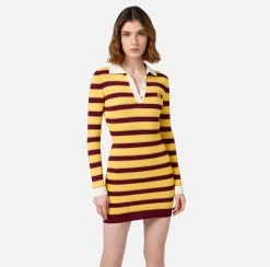 Mini Abiti|Abiti In Maglia|Elisabetta Franchi Miniabito a polo in viscosa lurex a righe RougeNoir/Mimosa