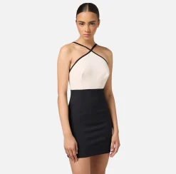 Mini Abiti|Abiti|Elisabetta Franchi Miniabito bicolor in crêpe stretch con elastico logato Burro/Nero