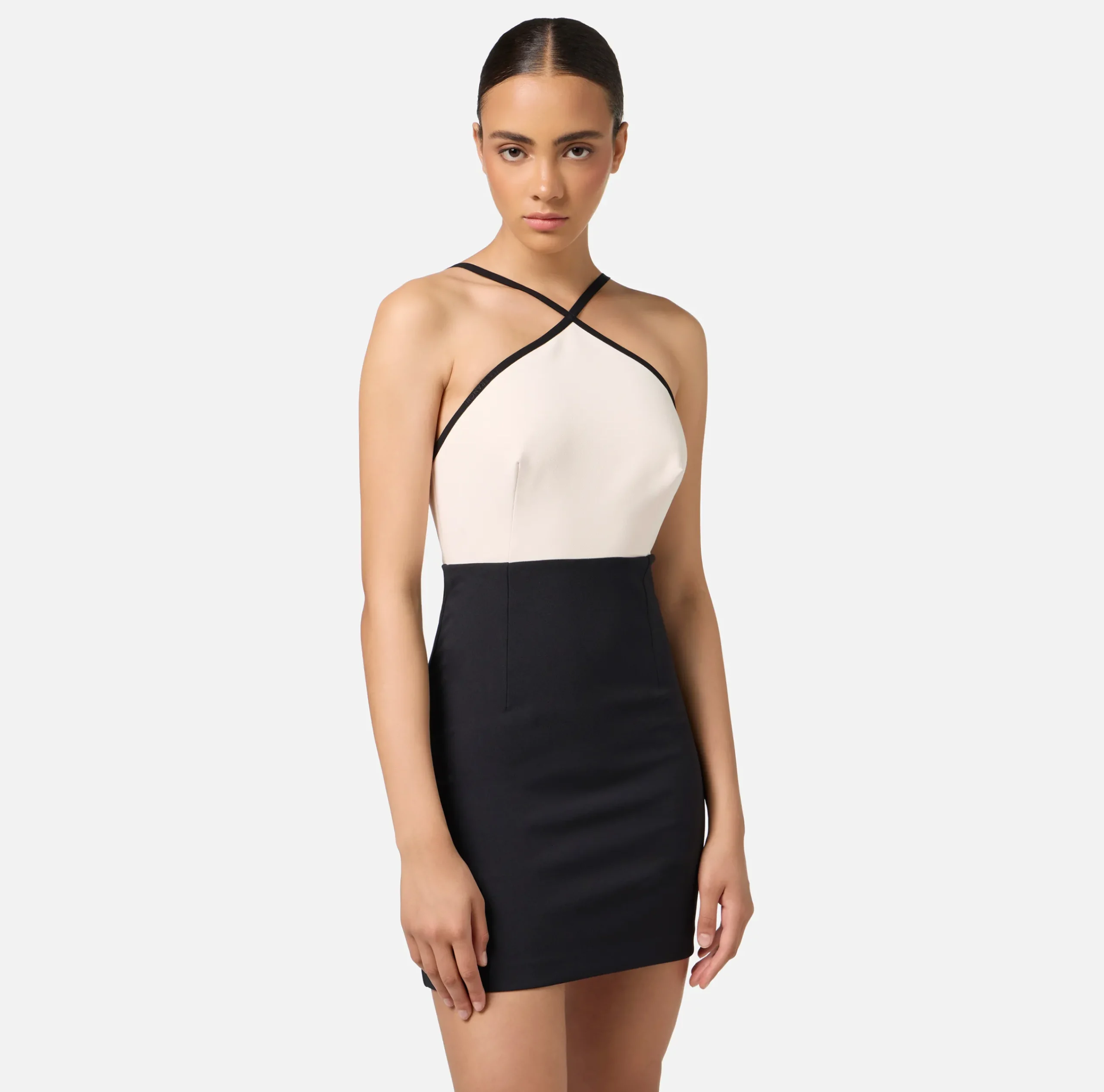 Mini Abiti|Abiti|Elisabetta Franchi Miniabito bicolor in crêpe stretch con elastico logato Burro/Nero