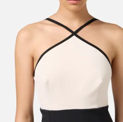 Mini Abiti|Abiti|Elisabetta Franchi Miniabito bicolor in crêpe stretch con elastico logato Burro/Nero