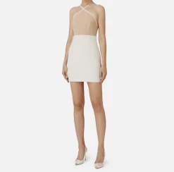 Mini Abiti|Abiti|Elisabetta Franchi Miniabito bicolor in crêpe stretch con elastico logato Cappuccino/Burro