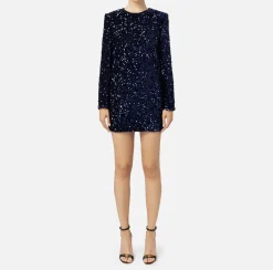 Red Carpet|Abiti Red Carpet|Elisabetta Franchi Miniabito boxy in ciniglia ricamata con pailettes Navy