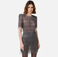 Abiti|Abiti Red Carpet|Elisabetta Franchi Miniabito boxy in tulle ricamato con paillettes Nero