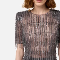 Abiti|Abiti Red Carpet|Elisabetta Franchi Miniabito boxy in tulle ricamato con paillettes Steel