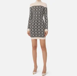 Mini Abiti|Abiti In Maglia|Elisabetta Franchi Miniabito dolcevita logo jacquard Nero/Burro