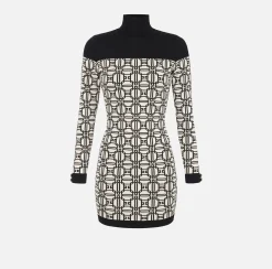 Mini Abiti|Abiti In Maglia|Elisabetta Franchi Miniabito dolcevita logo jacquard Burro/Nero