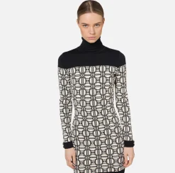 Mini Abiti|Abiti In Maglia|Elisabetta Franchi Miniabito dolcevita logo jacquard Burro/Nero