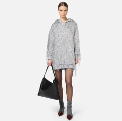 Mini Abiti|Abiti|Elisabetta Franchi Miniabito in felpa con cappuccio e frange di paillettes Silver/GrigioMelange
