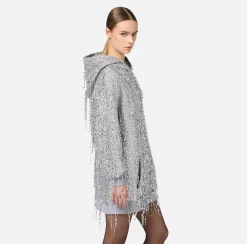 Mini Abiti|Abiti|Elisabetta Franchi Miniabito in felpa con cappuccio e frange di paillettes Silver/GrigioMelange