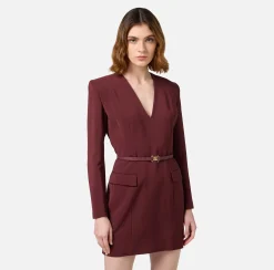 Mini Abiti|Abiti|Elisabetta Franchi Miniabito in fresco di lana stretch con cintura RougeNoir