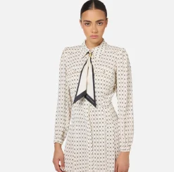 Mini Abiti|Abiti|Elisabetta Franchi Miniabito in georgette stampa rombo con foulard Burro/Nero