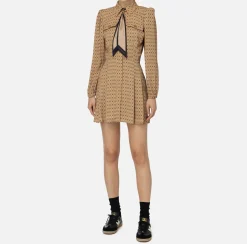 Mini Abiti|Abiti|Elisabetta Franchi Miniabito in georgette stampa rombo con foulard Camel/Nero