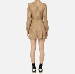 Mini Abiti|Abiti|Elisabetta Franchi Miniabito in georgette stampa rombo con foulard Camel/Nero