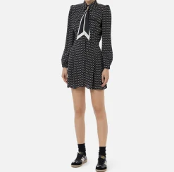 Mini Abiti|Abiti|Elisabetta Franchi Miniabito in georgette stampa rombo con foulard Nero/Burro