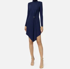 Mini Abiti|Abiti|Elisabetta Franchi Miniabito in jersey con drappeggio e accessorio gioiello Navy
