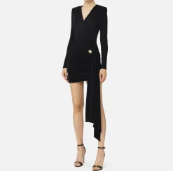 Mini Abiti|Abiti|Elisabetta Franchi Miniabito in jersey drappeggiato con accessorio gioiello Nero