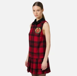 Mini Abiti|Abiti|Elisabetta Franchi Miniabito in lana tartan con patch ricamato Nero/RedPassion