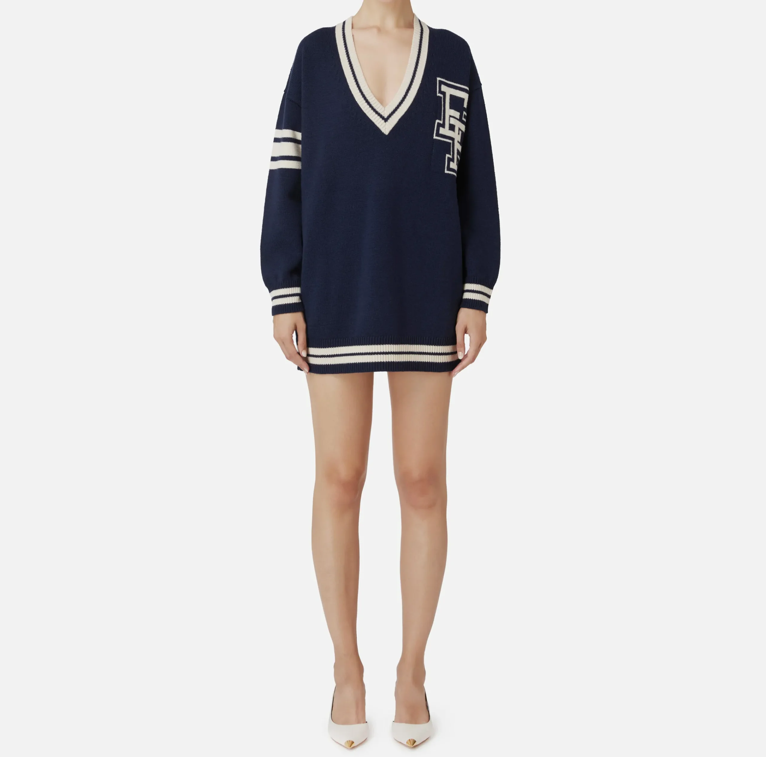 Abiti In Maglia|Mini Abiti|Elisabetta Franchi Miniabito in lana tipo college Navy/Burro