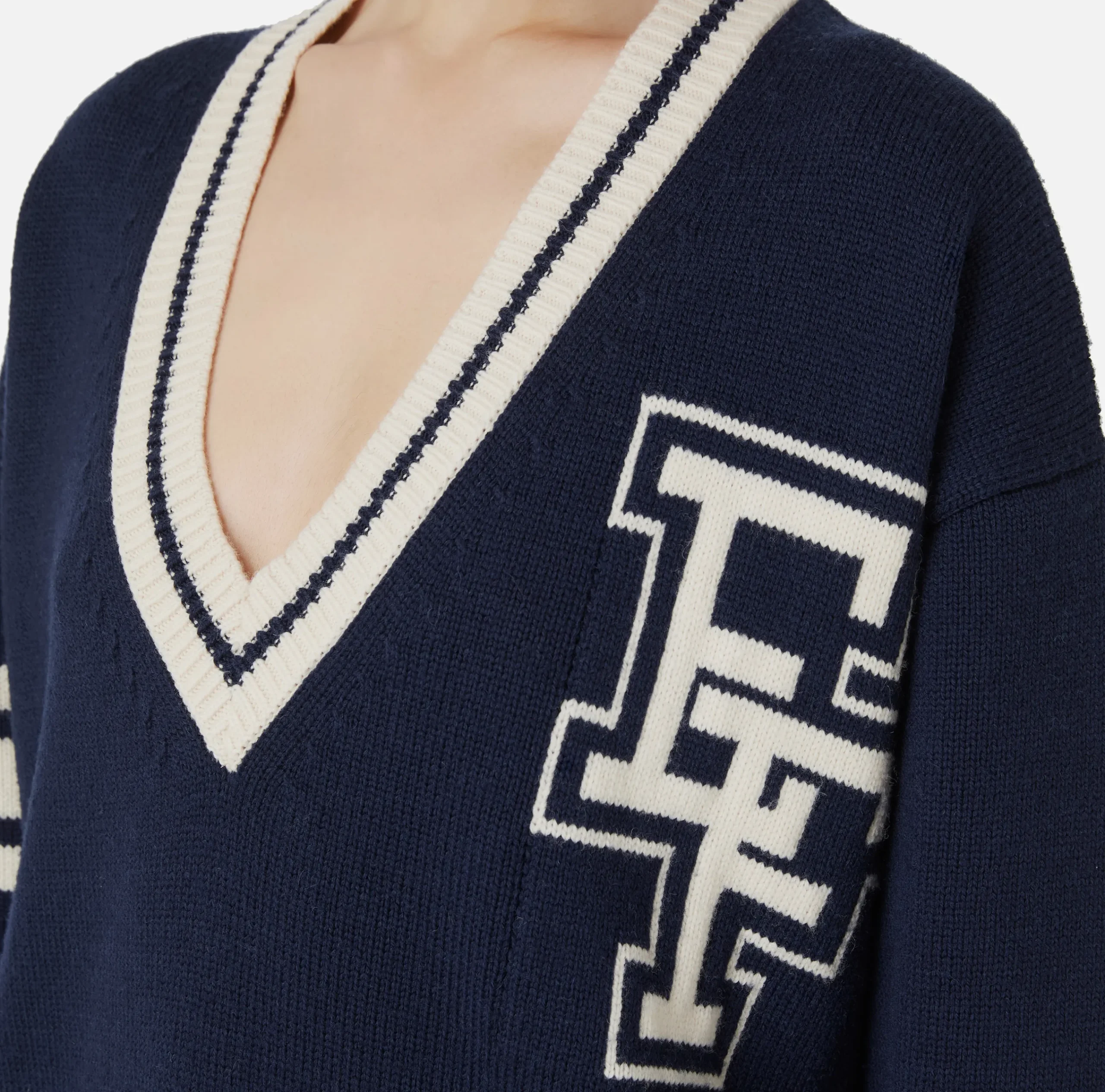 Abiti In Maglia|Mini Abiti|Elisabetta Franchi Miniabito in lana tipo college Navy/Burro