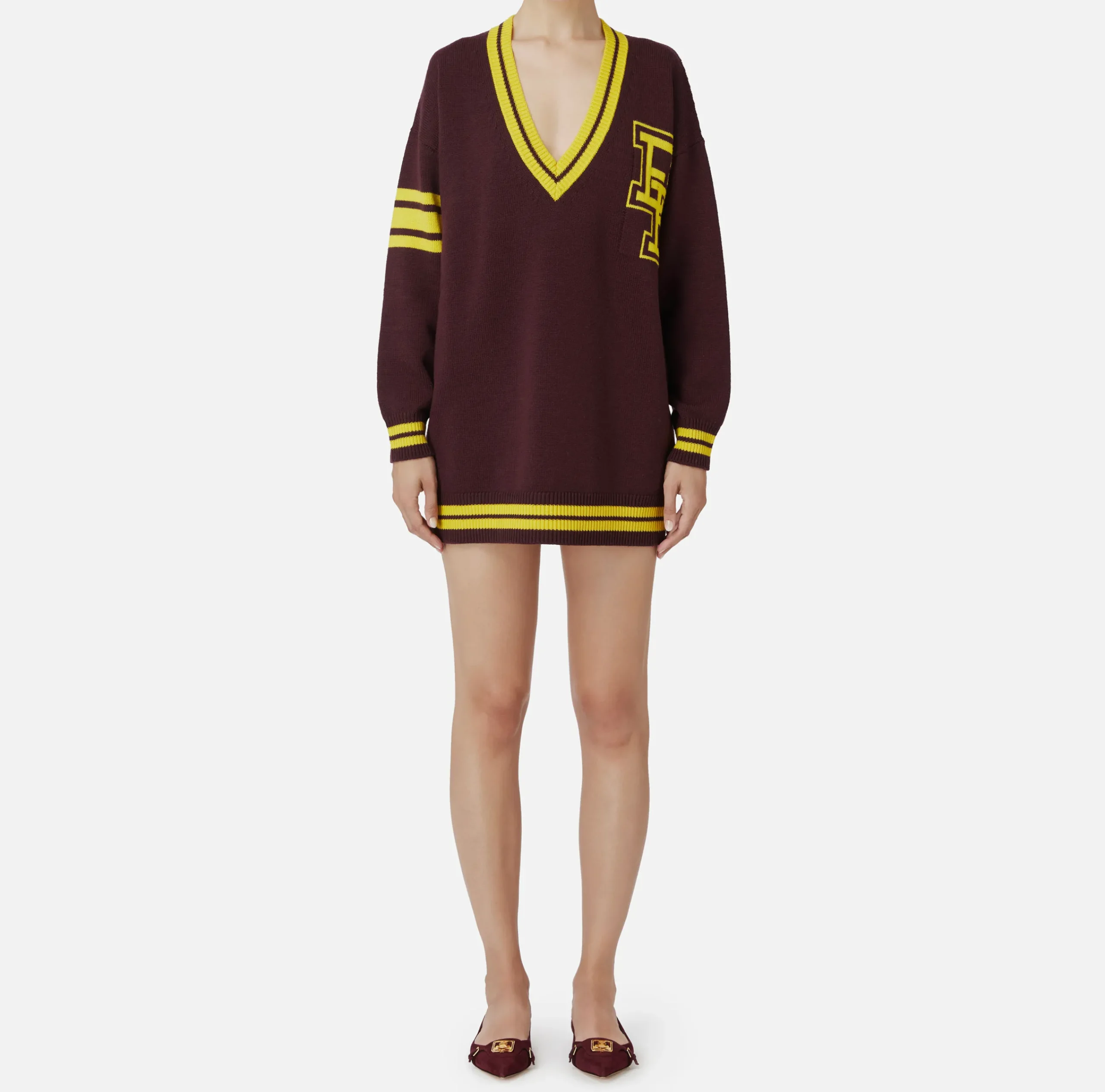 Abiti In Maglia|Mini Abiti|Elisabetta Franchi Miniabito in lana tipo college RougeNoir/Mimosa