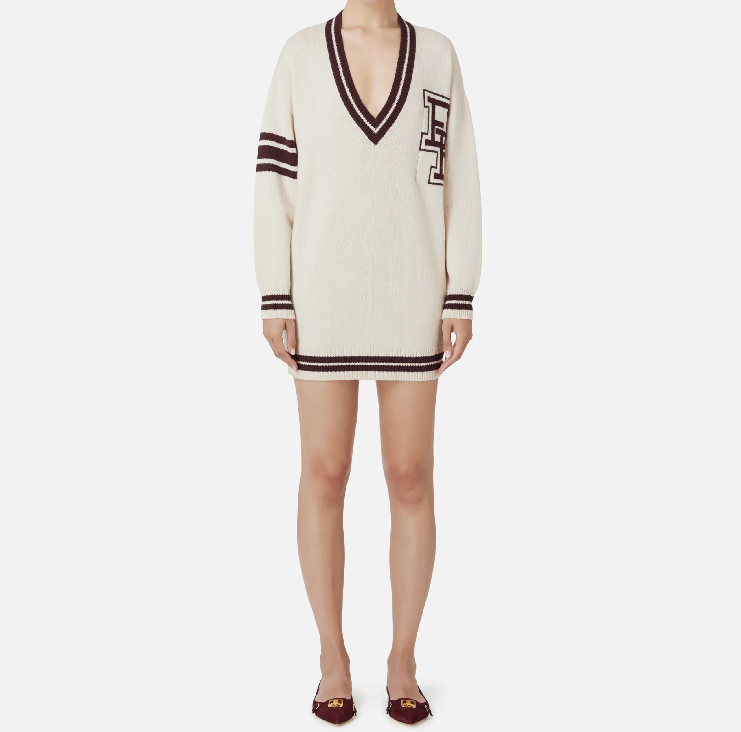 Abiti In Maglia|Mini Abiti|Elisabetta Franchi Miniabito in lana tipo college Burro/RougeNoir