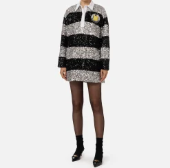 Mini Abiti|Abiti|Elisabetta Franchi Miniabito in paillettes a righe con colletto a camicia Argento/Nero