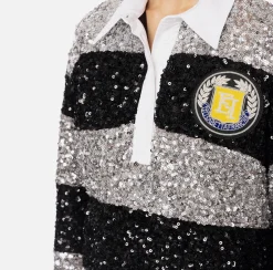 Mini Abiti|Abiti|Elisabetta Franchi Miniabito in paillettes a righe con colletto a camicia Argento/Nero