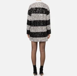 Mini Abiti|Abiti|Elisabetta Franchi Miniabito in paillettes a righe con colletto a camicia Argento/Nero