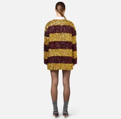 Mini Abiti|Abiti|Elisabetta Franchi Miniabito in paillettes a righe con colletto a camicia Mimosa/RougeNoir