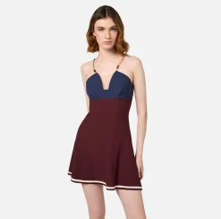 Mini Abiti|Abiti|Elisabetta Franchi Miniabito in satin con catena groumette Navy/RougeNoir/Burro
