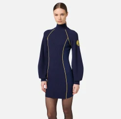 Abiti In Maglia|Mini Abiti|Elisabetta Franchi Miniabito in viscosa con patch logo Navy/Mimosa
