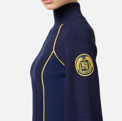Abiti In Maglia|Mini Abiti|Elisabetta Franchi Miniabito in viscosa con patch logo Navy/Mimosa