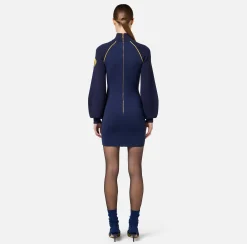 Abiti In Maglia|Mini Abiti|Elisabetta Franchi Miniabito in viscosa con patch logo Navy/Mimosa