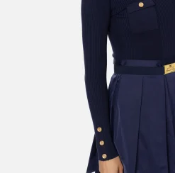 Mini Abiti|Abiti In Maglia|Elisabetta Franchi Miniabito in viscosa e seta a costine con ricamo logo Navy