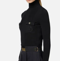 Mini Abiti|Abiti In Maglia|Elisabetta Franchi Miniabito in viscosa e seta a costine con ricamo logo Nero