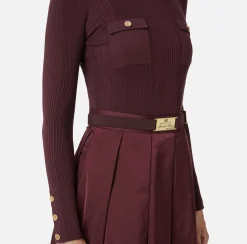 Mini Abiti|Abiti In Maglia|Elisabetta Franchi Miniabito in viscosa e seta a costine con ricamo logo RougeNoir